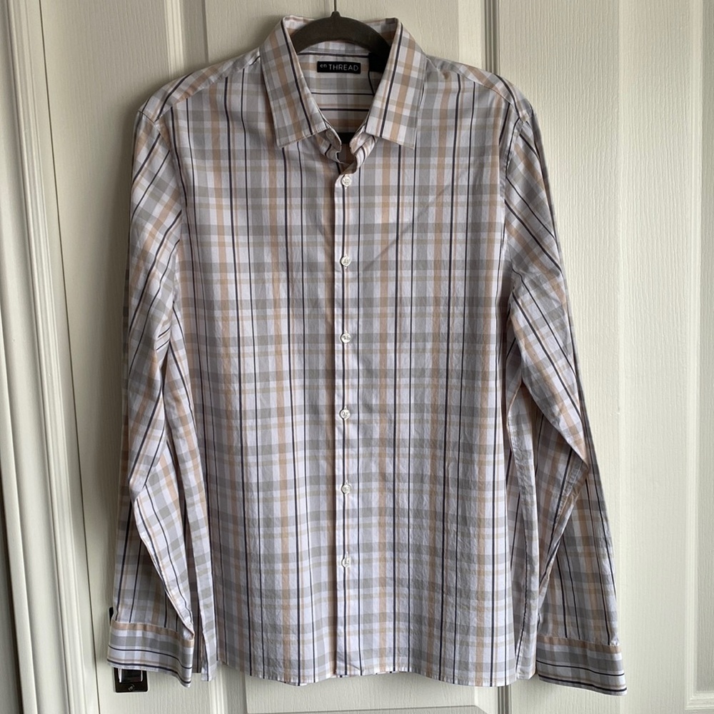 en Thread - White Organic Cotton Blend Dress Shirt with Soft Plaid